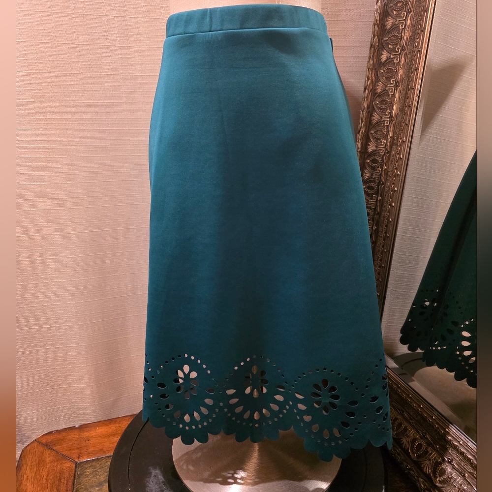 VTG Y2K Spense Green Midi Skirt with Cut-Out Hem.  Sz LG.  EUC.